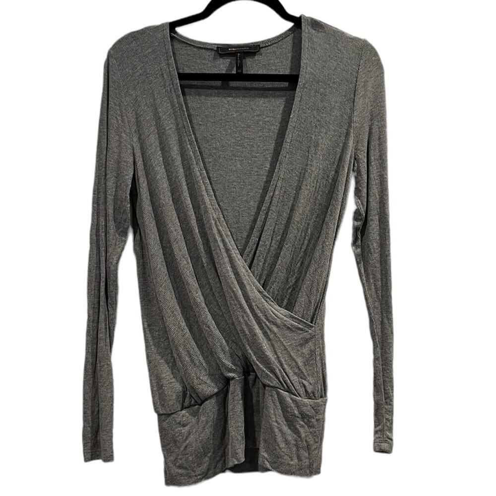 BCBGMAXAZRIA Surplice Wrap Top XS Gray Soft Ribbed Long Sleeve Blouse